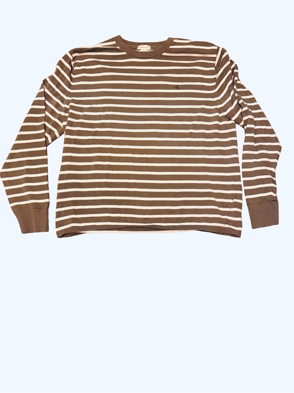 Calvin Klein Brown and White Striped Long-Sleeve Crewneck Sweater